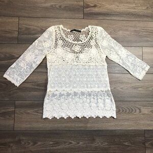 Zara Basic‎ Sheer Lace Crochet Top Women's M Boho 3/4 Sleeves Lightweight Cream